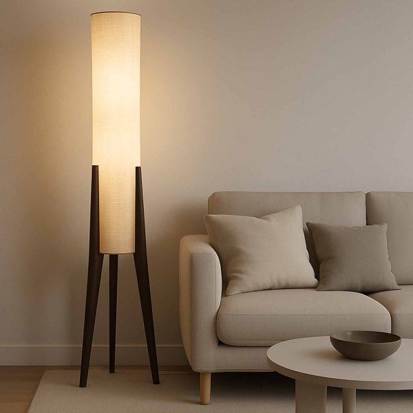 Lampadaire Mayan bois couleur acajou, design chaleureux avec teinte foncée